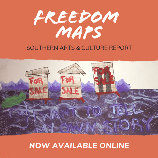 Burnt orange border with white text that reads "Freedom Maps: Southern Arts and Culture Report. Now available online". The border runs along the top and bottom of a painting of a river with houses floating on it that say "For Sale". 